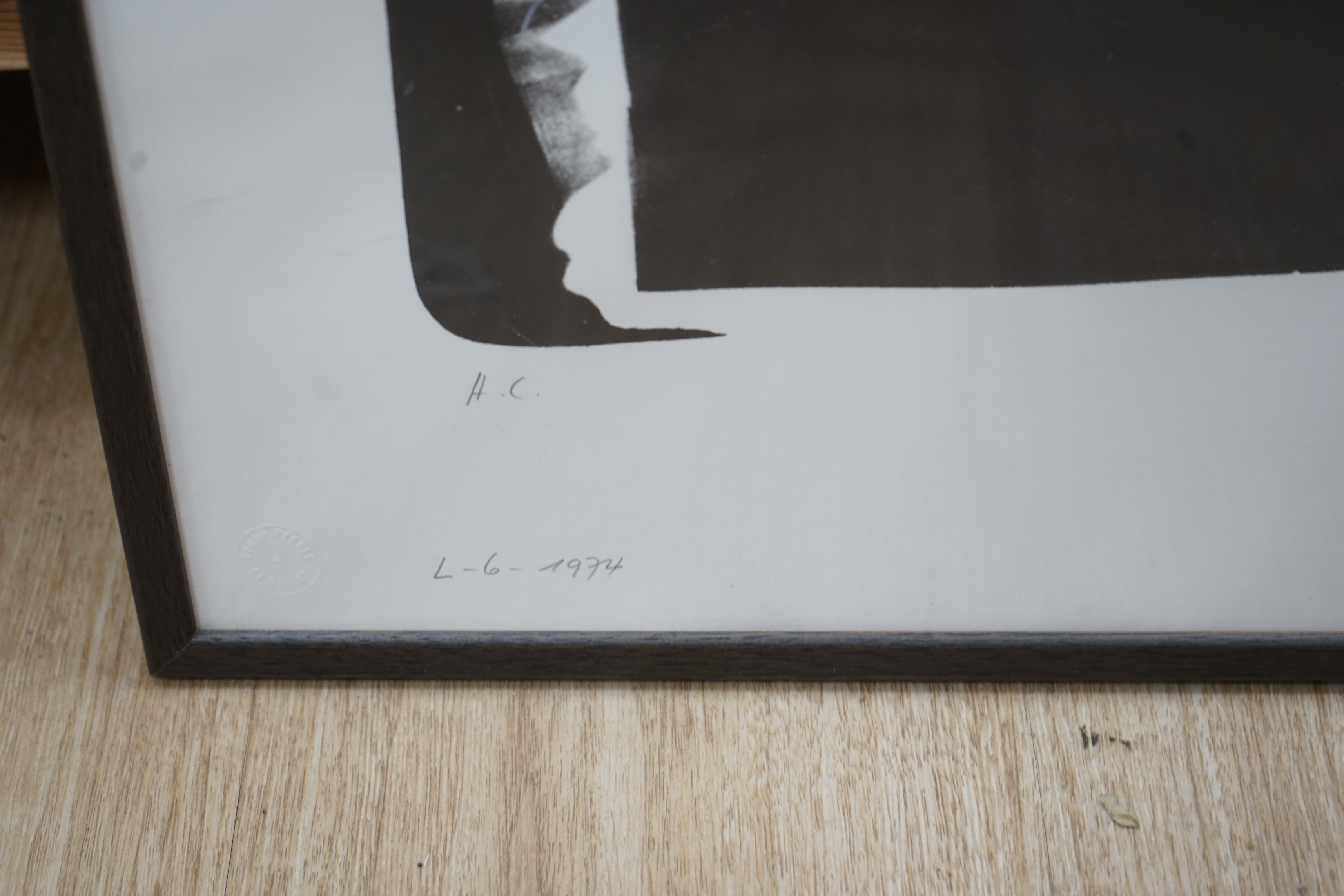 Hans Hartung (German/French, 1904-1989), monochrome lithograph, Abstract composition, ‘L-6’, signed and dated 1974 in pencil, blindstamped Erker Press, 65 x 49cm. Condition - good